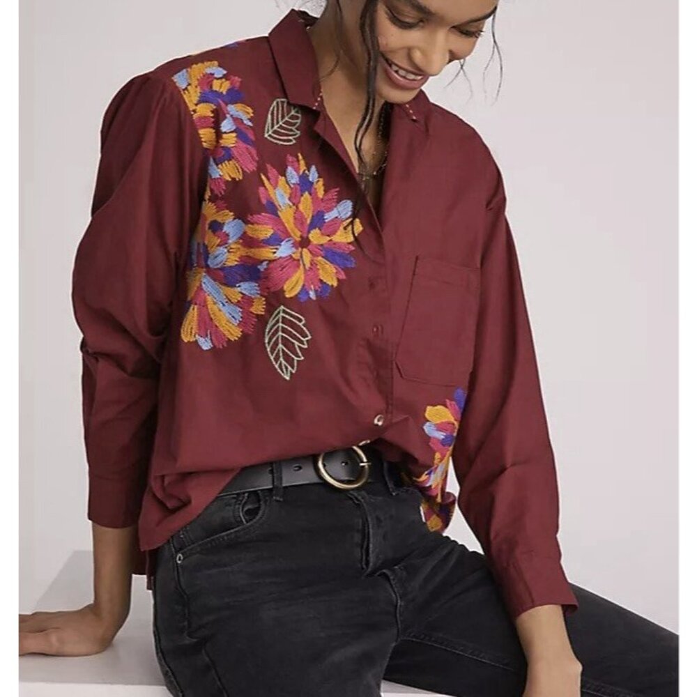 Anthropologie Maeve Embroidered Button Down Size 0 Cotton Floral Boho Purple - Picture 9 of 15